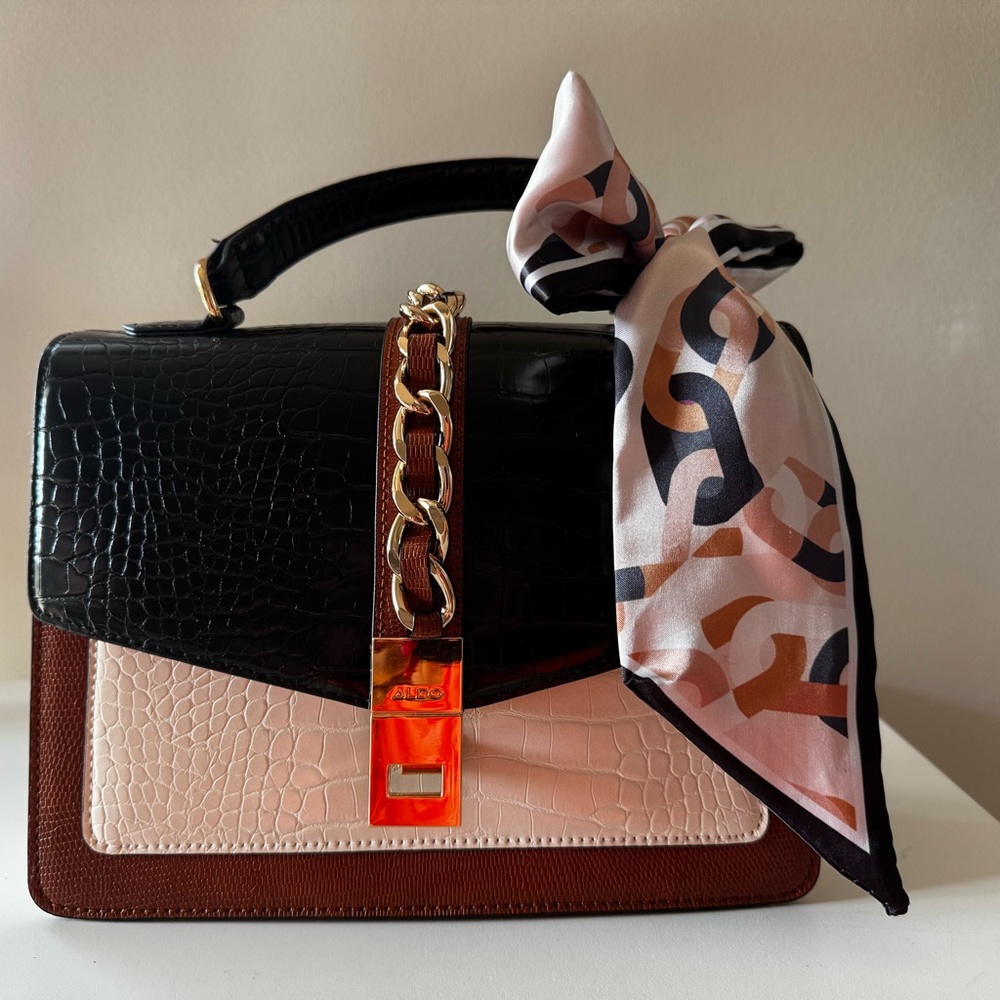 Elegant Black and Pink Handbag with Scarf by Aldo